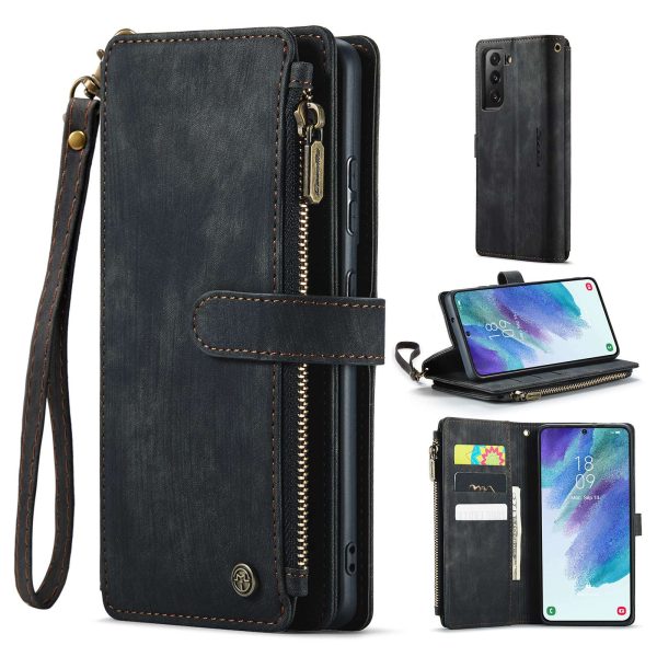 CASEME C30 Series for Samsung Galaxy S21 FE 5G Shockproof PU Leather Phone Wallet Cover Zipper Pocket Case Stand with Multiple Card Slots Fashion