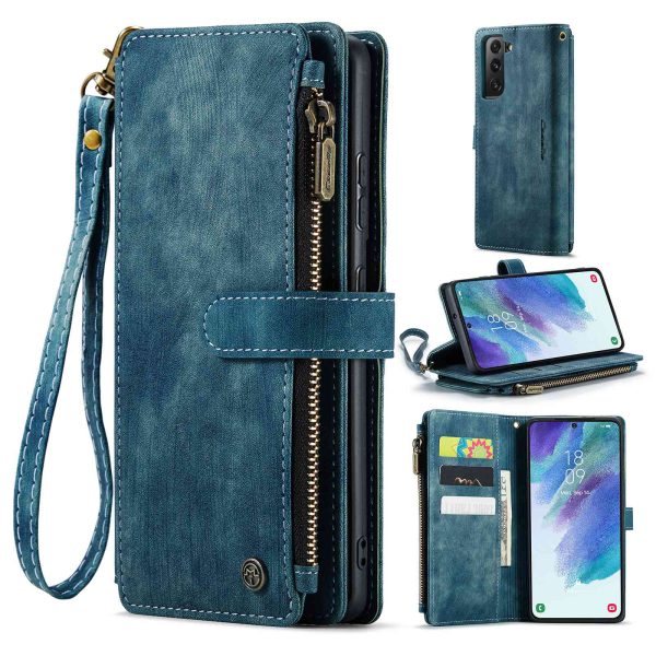 CASEME C30 Series for Samsung Galaxy S21 FE 5G Shockproof PU Leather Phone Wallet Cover Zipper Pocket Case Stand with Multiple Card Slots Fashion