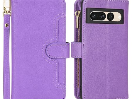 For Google Pixel 7 Pro 5G PU Leather Phone Case Wallet Magnetic Closure Zipper Pocket Stand Flip Cover with Hand Strap and Shoulder Strap For Sale