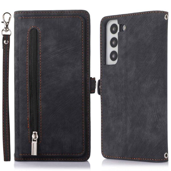 For Samsung Galaxy S21 5G PU Leather Zipper Flip Folio Wallet Case Multi-Functional 9 Card Holder Stand Cover with Wrist Strap Online