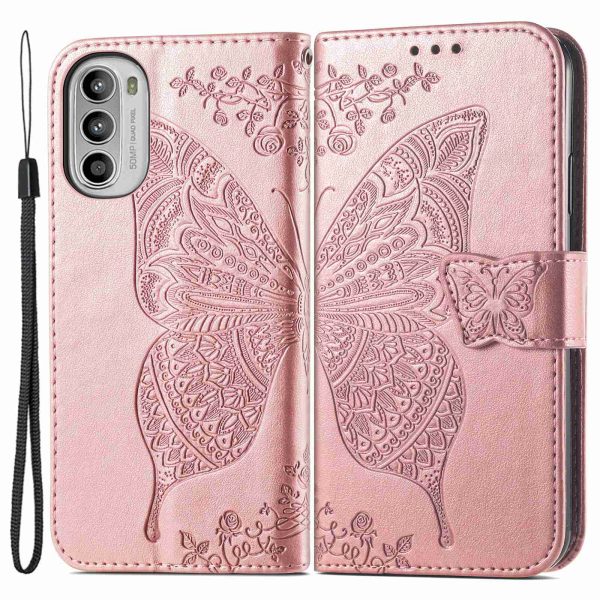 For Motorola Moto G52 4G Shockproof Case Butterfly Imprinted Wallet Phone Cover PU Leather Magnetic Clasp Stand Case with Strap Cheap