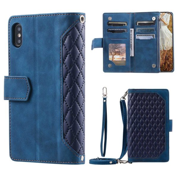 Zipper Pocket Leather Case for iPhone XS Max 6.5 inch, 005 Style Rhombus Texture Stand Shockproof Phone Cover with Shoulder Strap and Hand Strap Online