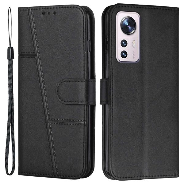 For Xiaomi 12 Lite 5G PU Leather Protective Phone Case Supporting Stand Simple Style Imprinted Stitching Cell Phone Cover with Strap Supply