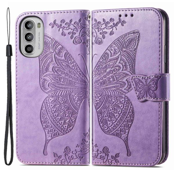 For Motorola Moto G52 4G Shockproof Case Butterfly Imprinted Wallet Phone Cover PU Leather Magnetic Clasp Stand Case with Strap Cheap