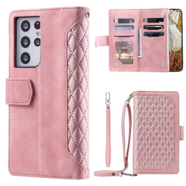 005 Style For Samsung Galaxy S21 Ultra 5G, Full Protection Phone Wallet Cover Zipper Pocket Case Rhombus Texture PU Leather Shell Stand with Strap Card Holder Cheap