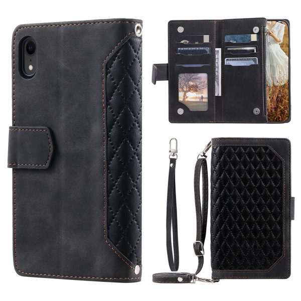 Zipper Pocket Leather Phone Cover for iPhone XR 6.1 inch, 005 Style Rhombus Texture Multiple Card Slots Stand Case with Shoulder Strap and Hand Strap For Discount