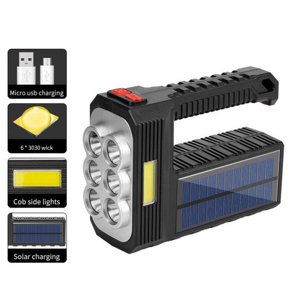 W5116-1 Multi-functional Solar Powered Flashlight Portable 6-lamp Rescue Light Waterproof Searchlight for Hiking Camping Supply