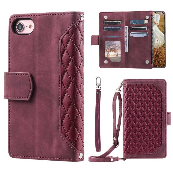 For iPhone 7   8 4.7 inch   iPhone SE (2022)   SE (2020) 005 Style Zipper Pocket Rhombus Texture Leather Wallet Stand Phone Case with Shoulder Strap and Hand Strap on Sale