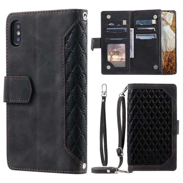 Zipper Pocket Leather Case for iPhone XS Max 6.5 inch, 005 Style Rhombus Texture Stand Shockproof Phone Cover with Shoulder Strap and Hand Strap Online