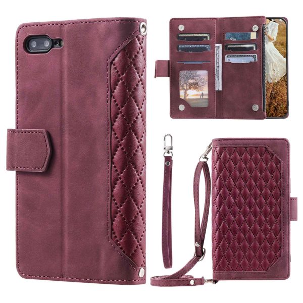 For iPhone 7 Plus   8 Plus 5.5 inch 005 Style Zipper Pocket Leather Rhombus Texture Cover Multiple Card Slots Phone Case with Shoulder Strap and Hand Strap Cheap