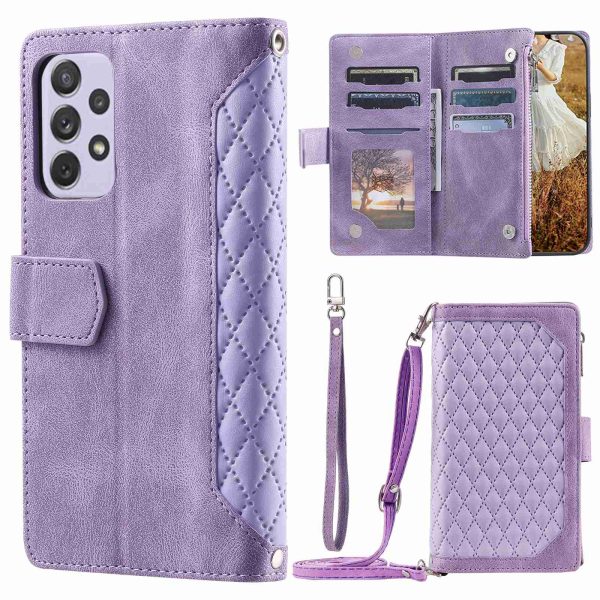 For Samsung Galaxy A33 5G Phone Case, 005 Style Magnetic Phone Leather Case Rhombus Texture Anti-fall Zipper Pocket Stand Wallet Flip Protector with Strap Online Hot Sale