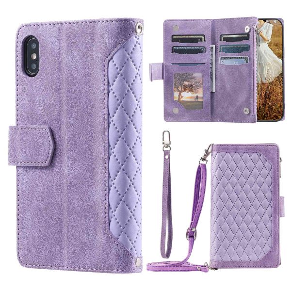 Zipper Pocket Leather Case for iPhone XS Max 6.5 inch, 005 Style Rhombus Texture Stand Shockproof Phone Cover with Shoulder Strap and Hand Strap Online