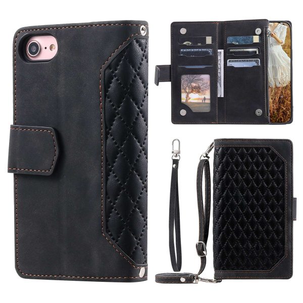 For iPhone 7   8 4.7 inch   iPhone SE (2022)   SE (2020) 005 Style Zipper Pocket Rhombus Texture Leather Wallet Stand Phone Case with Shoulder Strap and Hand Strap on Sale