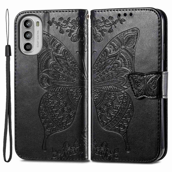 For Motorola Moto G52 4G Shockproof Case Butterfly Imprinted Wallet Phone Cover PU Leather Magnetic Clasp Stand Case with Strap Cheap