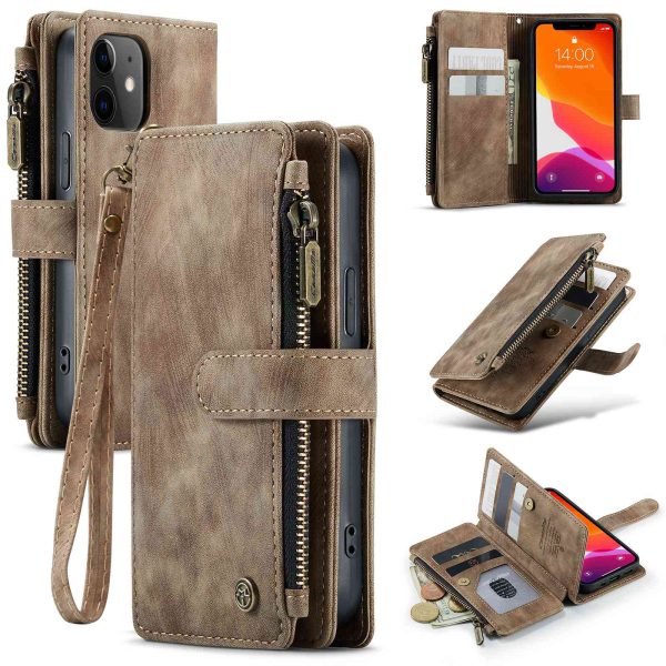 CASEME C30 Series for iPhone 12 mini Multifunctional Zipper Pocket Wallet Phone Cover Anti-fall PU Leather Stand Card Holder Case with Strap Online