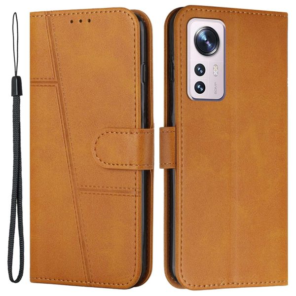 For Xiaomi 12 Lite 5G PU Leather Protective Phone Case Supporting Stand Simple Style Imprinted Stitching Cell Phone Cover with Strap Supply