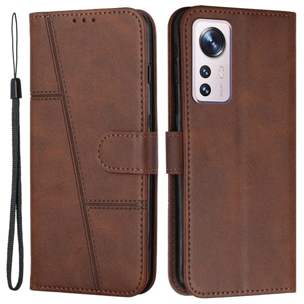 For Xiaomi 12 Lite 5G PU Leather Protective Phone Case Supporting Stand Simple Style Imprinted Stitching Cell Phone Cover with Strap Supply