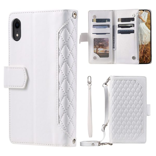 Zipper Pocket Leather Phone Cover for iPhone XR 6.1 inch, 005 Style Rhombus Texture Multiple Card Slots Stand Case with Shoulder Strap and Hand Strap For Discount