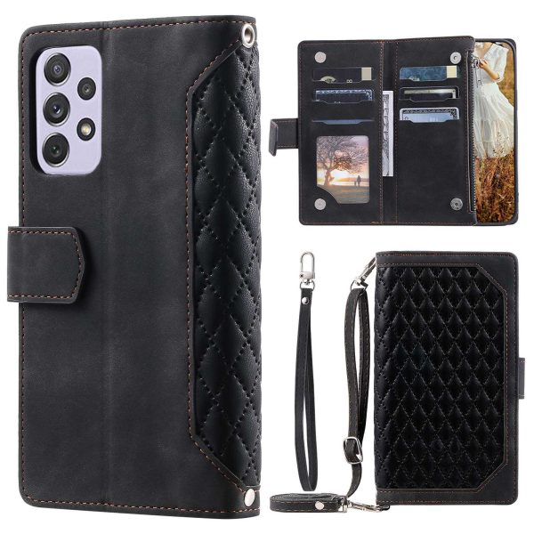 For Samsung Galaxy A33 5G Phone Case, 005 Style Magnetic Phone Leather Case Rhombus Texture Anti-fall Zipper Pocket Stand Wallet Flip Protector with Strap Online Hot Sale