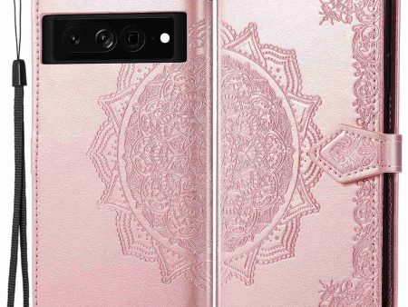 Stand Wallet Leather Case for Google Pixel 7 5G, Embossed Mandala Pattern Full Protection Inner TPU Phone Cover with Strap For Sale