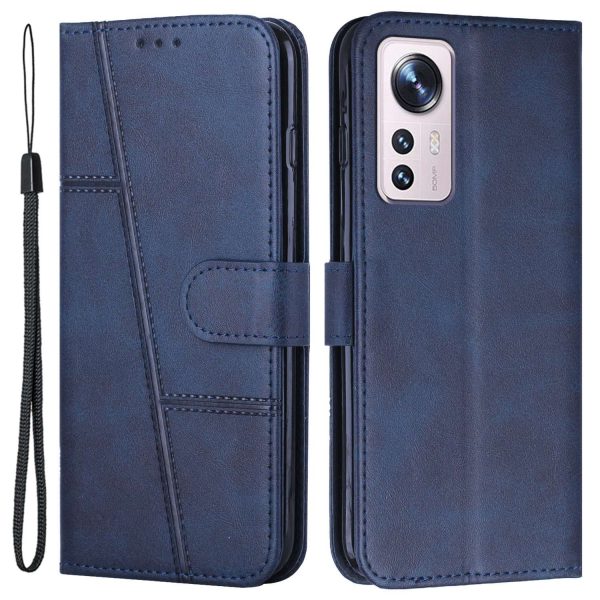 For Xiaomi 12 Lite 5G PU Leather Protective Phone Case Supporting Stand Simple Style Imprinted Stitching Cell Phone Cover with Strap Supply