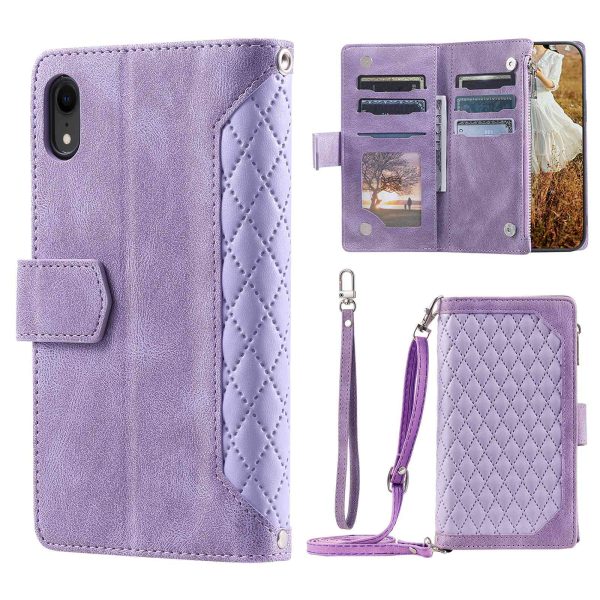 Zipper Pocket Leather Phone Cover for iPhone XR 6.1 inch, 005 Style Rhombus Texture Multiple Card Slots Stand Case with Shoulder Strap and Hand Strap For Discount