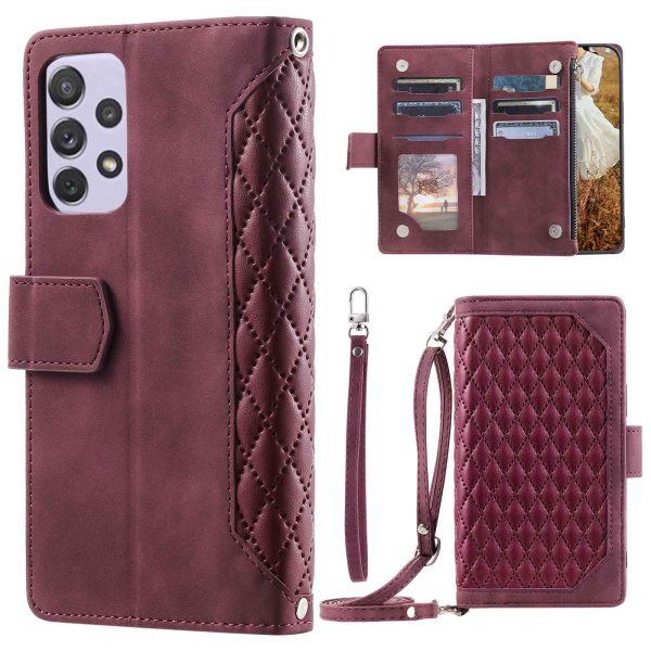 For Samsung Galaxy A33 5G Phone Case, 005 Style Magnetic Phone Leather Case Rhombus Texture Anti-fall Zipper Pocket Stand Wallet Flip Protector with Strap Online Hot Sale