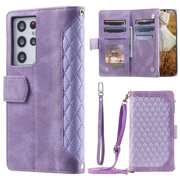 005 Style For Samsung Galaxy S21 Ultra 5G, Full Protection Phone Wallet Cover Zipper Pocket Case Rhombus Texture PU Leather Shell Stand with Strap Card Holder Cheap