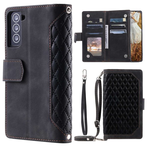 005 Style For Samsung Galaxy S22 5G, Anti-fall Rhombus Texture PU Leather Phone Case Zipper Pocket Wallet Stand Protective Phone Shell with Strap Online now