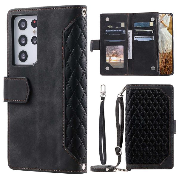 005 Style For Samsung Galaxy S21 Ultra 5G, Full Protection Phone Wallet Cover Zipper Pocket Case Rhombus Texture PU Leather Shell Stand with Strap Card Holder Cheap