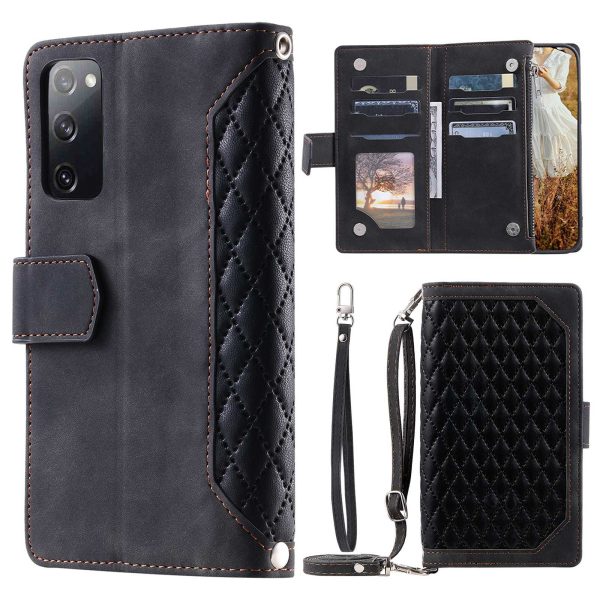 005 Style For Samsung Galaxy S20 FE 4G   5G   S20 FE 2022   S20 Lite, PU Leather Anti-scratch Rhombus Texture Phone Case Zipper Pocket Wallet Stand Cover with Lanyard   Strap Online now